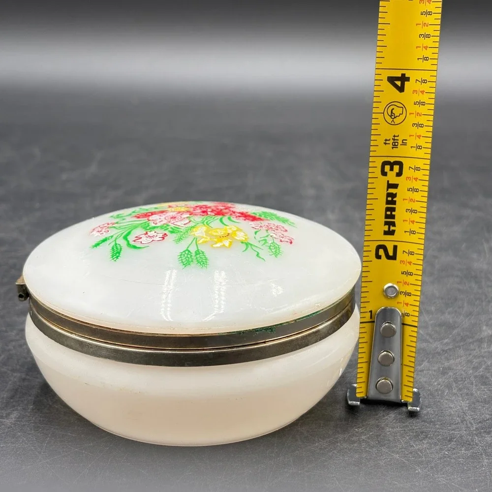Vtg Trinket Box Hand Painted Floral White Jewelry Case 3.75
